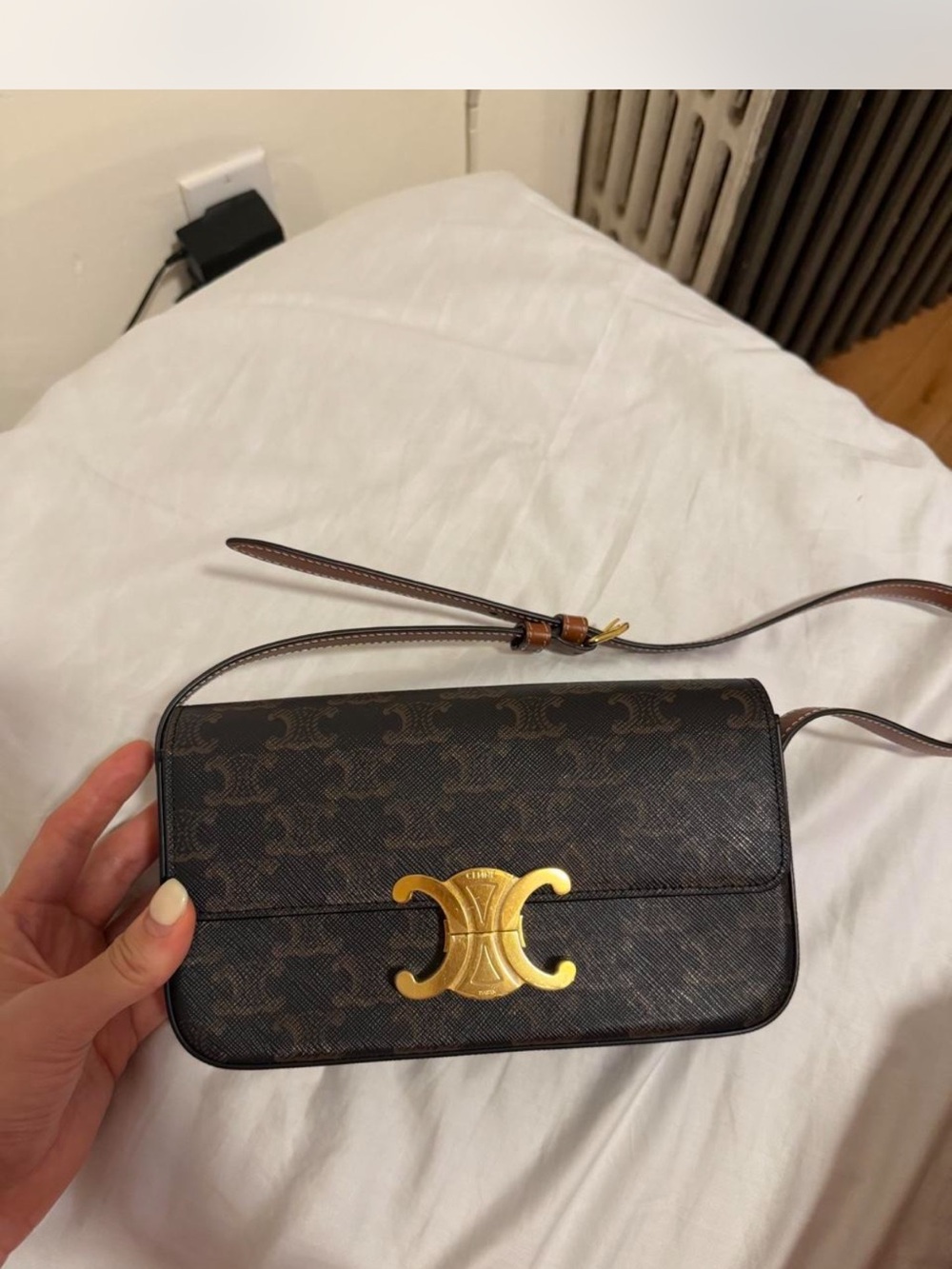 Celine Dark Brown Triomphe Canvas Crossbody with Gold Hardware